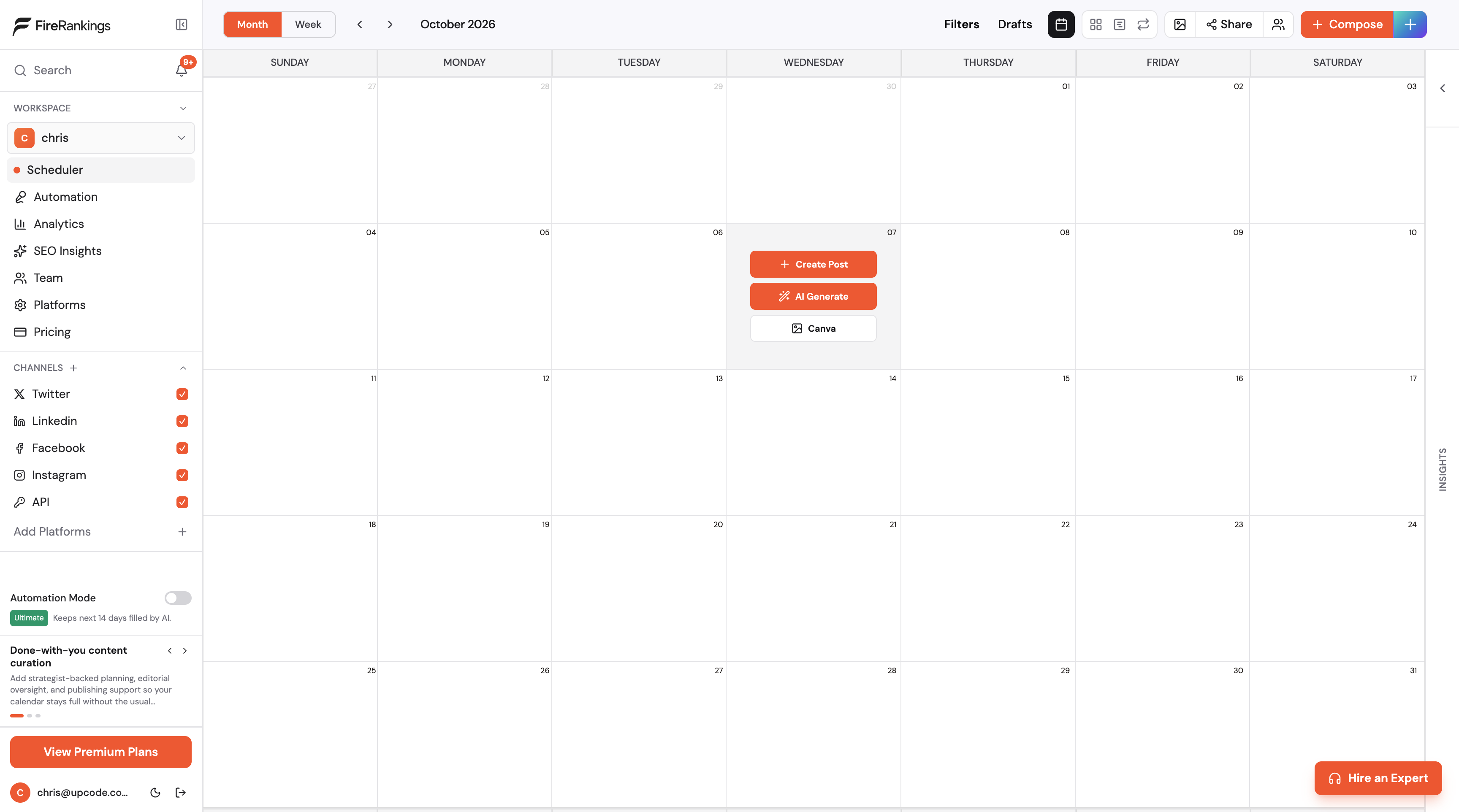 FireRankings content scheduling dashboard with AI generation, calendar planning, analytics, and connected channels